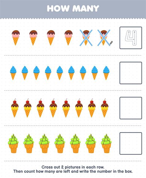 Education game for children count how many cartoon ice cream and write ...