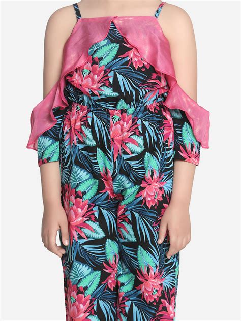Girls Floral Jumpsuit with Pink Off Shoulder ruffle – Stylestone