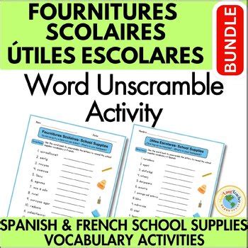 BUNDLE Spanish & French School Supplies Activity Vocabulary Word Unscramble