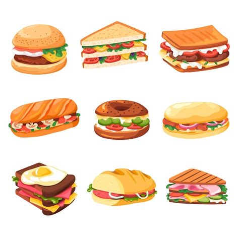 Broodjes en snacks fastfood gerechten en maaltijden | Premium Vector