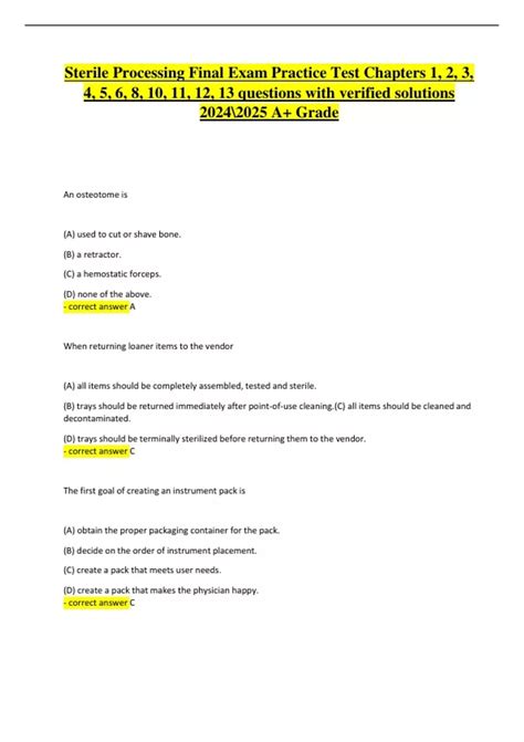 Sterile Processing Final Exam Practice Test | Chapters 1, 2, 3, 4, 5, 6 ...