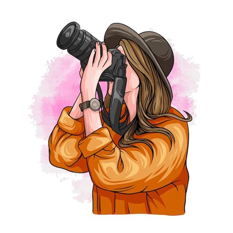 Hand drawn woman taking a photo in colorful style | Premium Vector
