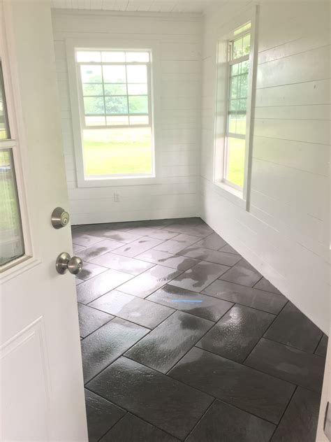 Charcoal Herringbone Tile Floor Mudroom