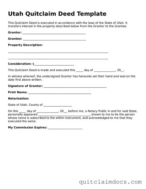 Free Utah Quitclaim Deed Template • Fillable PDF Form