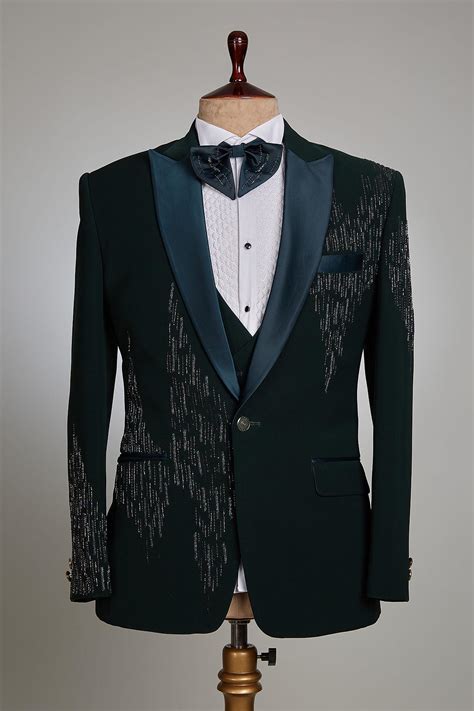 Emerald Green Embroidered Tuxedo Suit With Shirt Vest Pants and Bow Tie ...