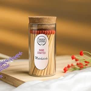 Sage & Herbs Long 65 White Matchsticks in a Borosilicated Cork Jar with ...