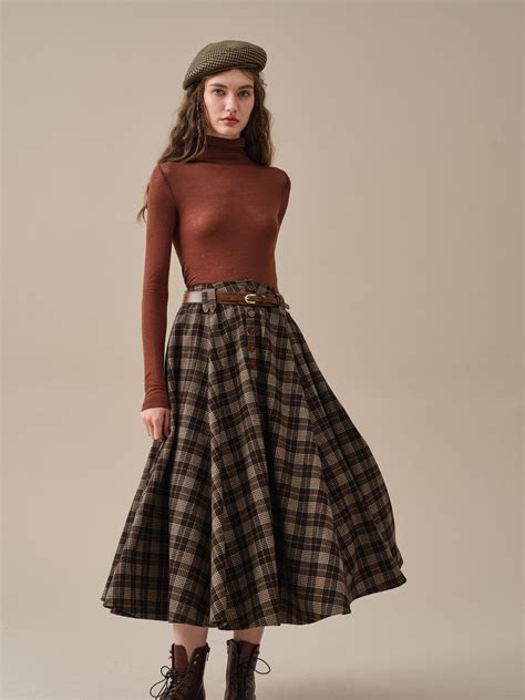 Midi Wool Skirt, Dark Brown Plaid Wool Skirt, Vintage Wool Skirt ...