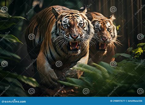 Majestic Tigers in Verdant Jungle at Golden Dawn Stock Illustration ...