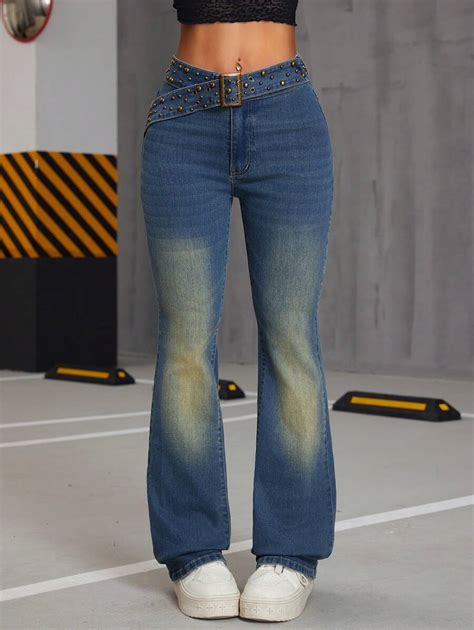 SHEIN ICON Rivet Taille Riem Retro Gewassen Vrouwen Bell-Bottom Jeans ...