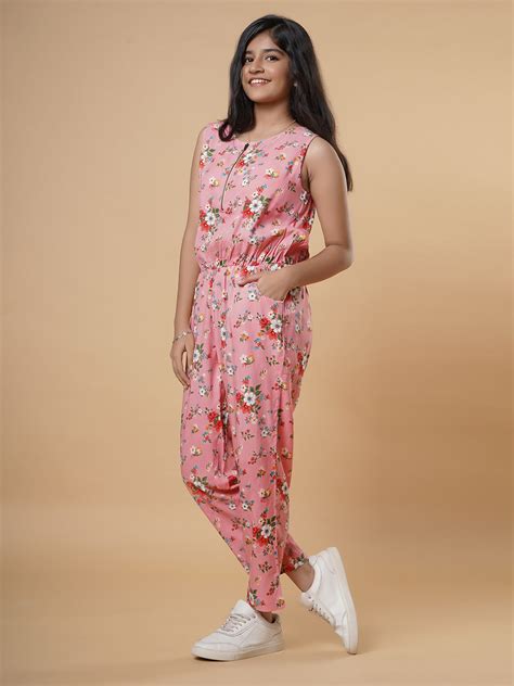 Girls Floral Print Jumpsuit-Peach | TeenTrums