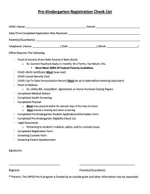 Fillable Online Pre-Kindergarten Registration Check List Fax Email ...