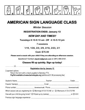 Fillable Online AMERICAN SIGN LANGUAGE CLASS - Barnsley PTA Fax Email ...