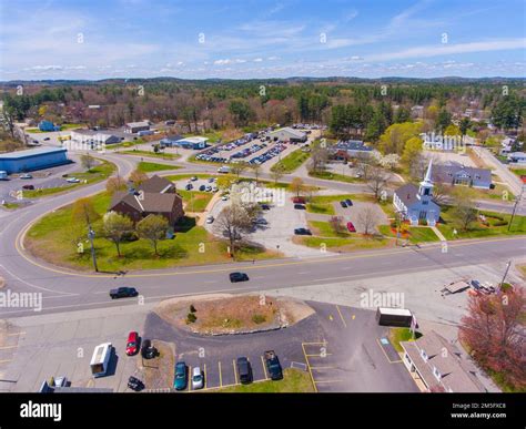Seabrook historic center aerial view including Town Hall and Trinity United Church at Main ...