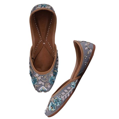 Paavdi Women's Leather Punjabi Jutti | Grey Embroidered Jutti for Women ...