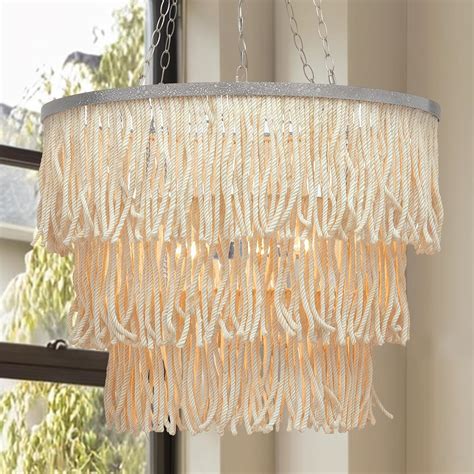 30 Inch 3-Tier Boho Hand-Weaved Fringe Chandelier, Bleached Jute Fringe ...