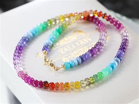 Solid Gold 14K Rainbow Gemstone Beaded Necklace