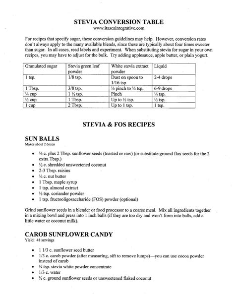 STEVIA CONVERSION TABLE - Itasca Naturopathic Clinic