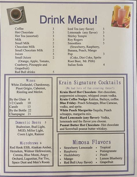 Menu at Krain Corner restaurant, Enumclaw