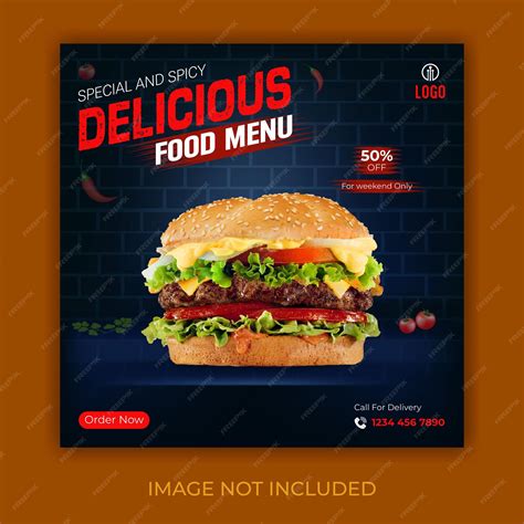 레스토랑이나 패스트푸드 비즈니스를 위한 맵고 맛있는 음식 메뉴 소셜 미디어 포스트 디자인 템플릿 | 프리미엄 벡터