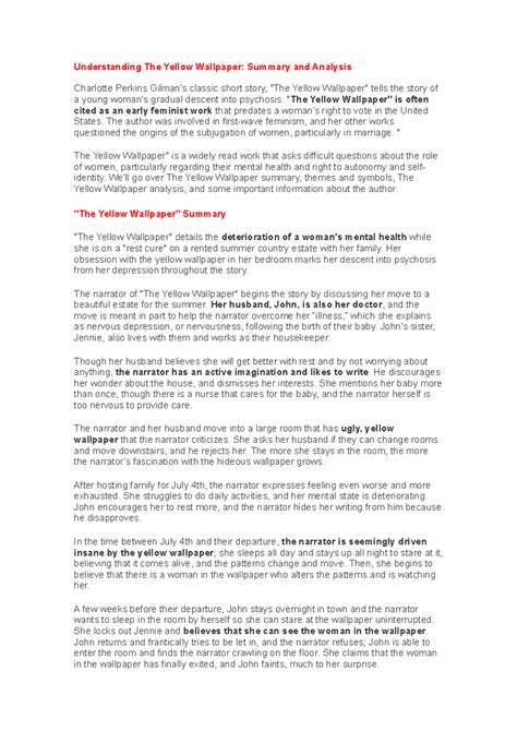 Understanding The Yellow Wallpaper - "The Yellow Wallpaper" is often cited as an early - Studocu