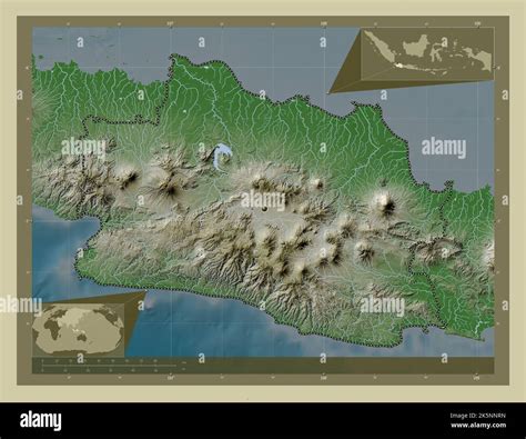 Jawa Barat, province of Indonesia. Elevation map colored in wiki style with lakes and rivers ...