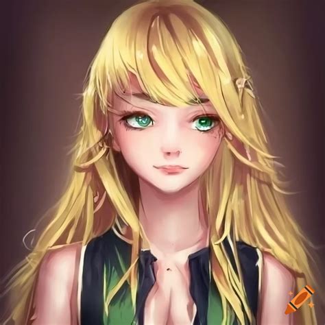 Anime portrait of a beautiful girl with blonde hair and green eyes on ...