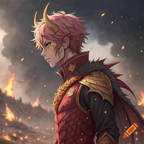 Anime male character with pink hair, horns, and red scale armor stands on a battlefield with ...