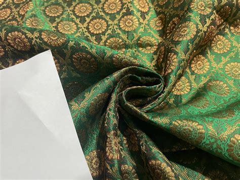 Spun Silk Brocade fabric Green & Metallic Gold Color 44" wide BRO377[4 ...