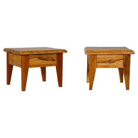 Near Pair of Mango Wood Midcentury Low Side Tables with Single Drawers ...