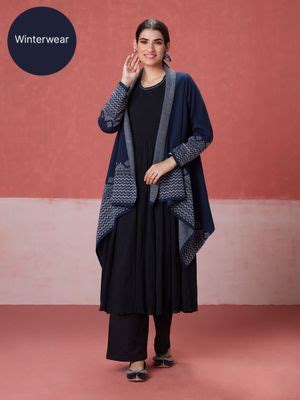 Buy Likha Navy Blue Woollen Acrylic Winter High Low Shrug LIKWW16 Online