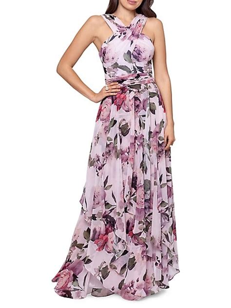 Robe maxi en chiffon à motif floral et à corsage bain-de-soleil