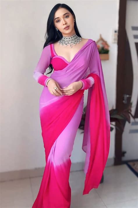 Redolent 1-Minute Ready To Wear Lavender and Pink Georgette Saree ...