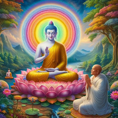 Buddha and buddha sitting on lotus flower with rainbow in background ...