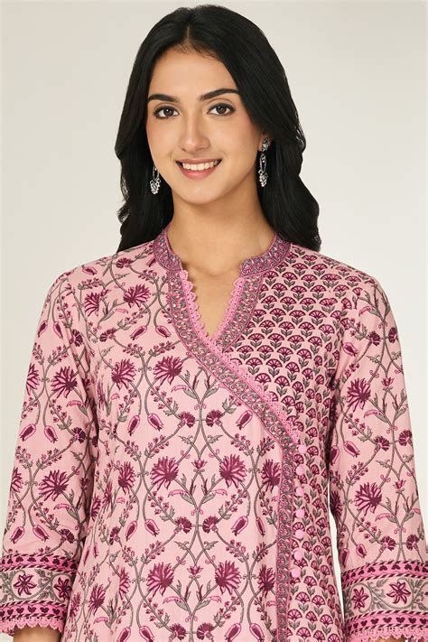 Buy Pink Hand Printed Angrakha Cotton Kurta for Women | Comfortable ...