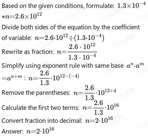 Solved: The product of 1.3* 10^(-4) and a number n results in 2.6* 10 ...