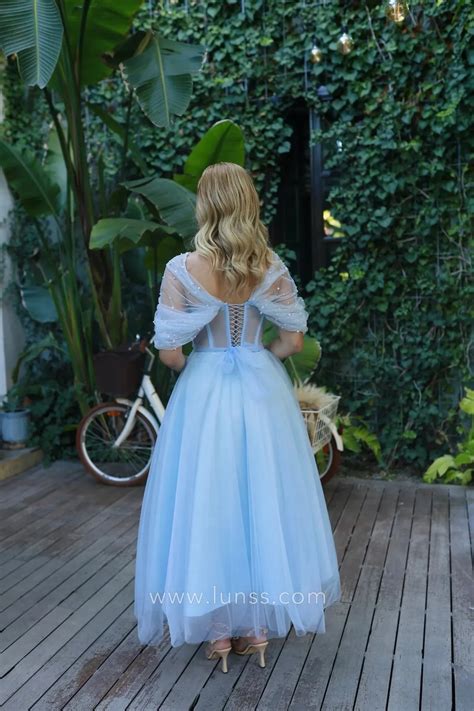 Pearled Sky Blue Tulle Off-shoulder Ankle-length Dress - Lunss