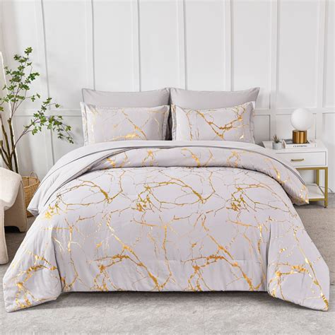 Davulos Gold Metallic Marble Comforter Set Queen Size,7 Piece Bed in a ...