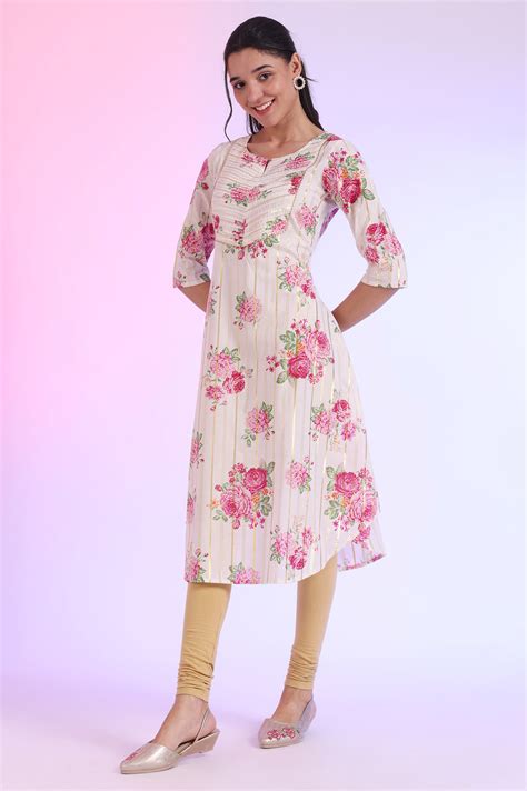 Buy White Floral Printed Cotton Lurex A-line Kurta Online for Woman ...