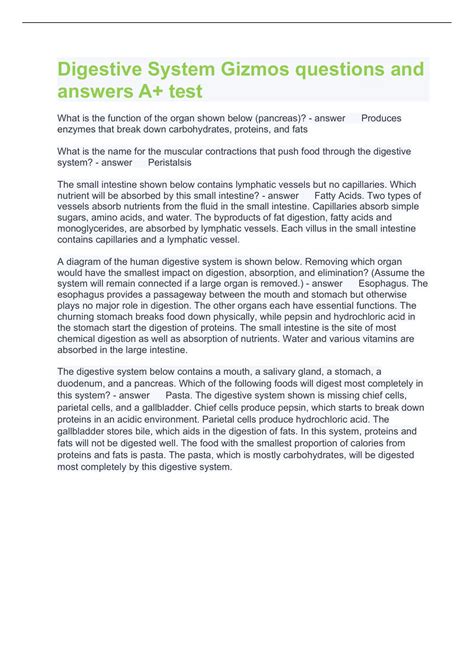 Digestive System Gizmos questions and answers A+ test - Gizmos - Stuvia UK