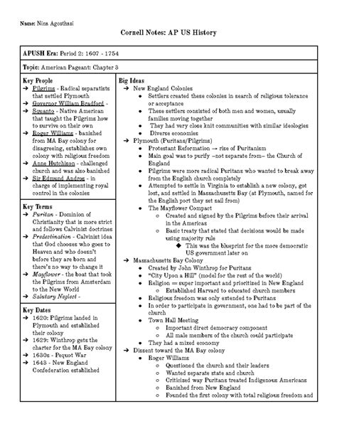 Apush Cornell Notes - Period 2 (Chapter 3) - Name: Nina Agosthazi ...