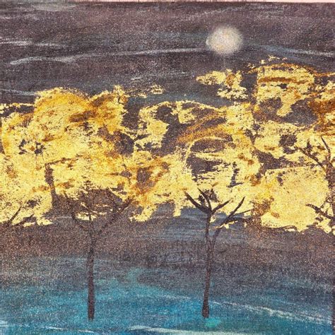 Couple on a lake boat under golden trees Acrylic/foil canvas painting ...