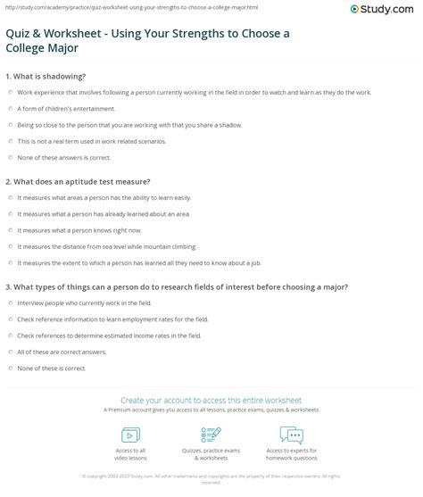 Quiz & Worksheet - Using Your Strengths to Choose a College Major | Study.com