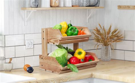 Buy VAALZEE Wooden 2 Tier Fruit Basket for Kitchen Countertop, Natural ...