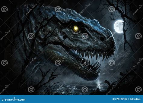 T-rex, Eyes Shining in the Moonlight, on Nighttime Hunt Stock ...