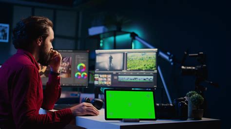 Chroma key tablet next to video editor using editing software to ...