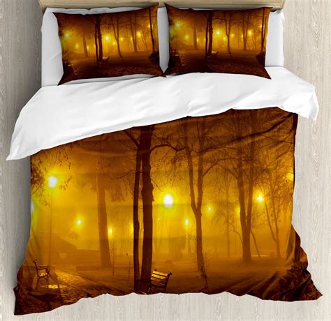 Fall Duvet Cover Set, Foggy Evening in the Park Autumn Season Nature ...