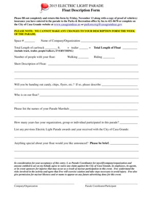 Fillable Online 2015 ELECTRIC LIGHT PARADE Float Description Form ...