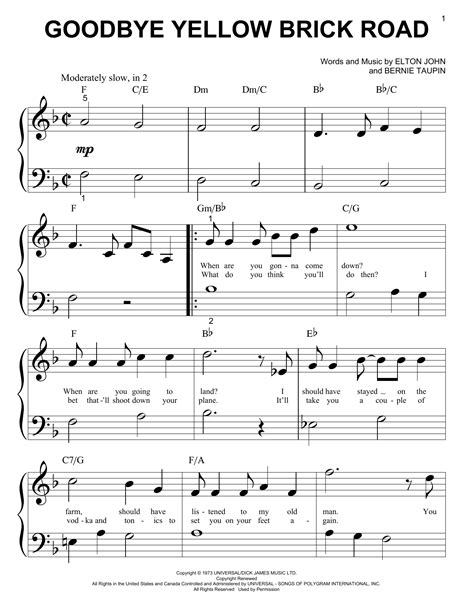 Goodbye Yellow Brick Road - Elton John piano big notes Sheet Music PDF ...