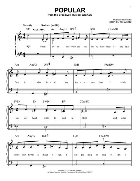 Popular (from Wicked) sheet music by Stephen Schwartz (Easy Piano – 30330)