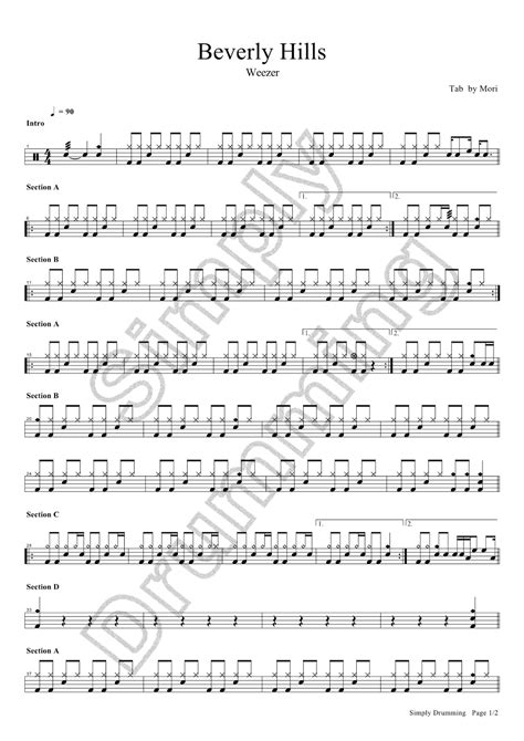 鼓手森 - Simply Drumming: Weezer - Beverly Hills drum sheet